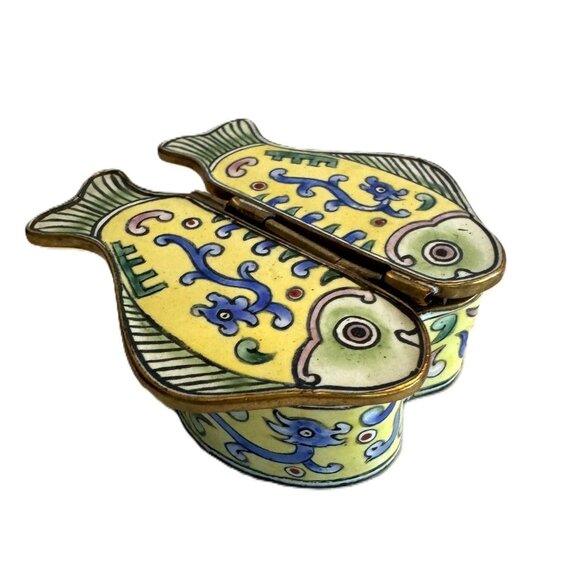 Antique Chinese Canton Enamel Fish Double Hinged Trinket Box, Yellow Fish - Picture 1 of 6
